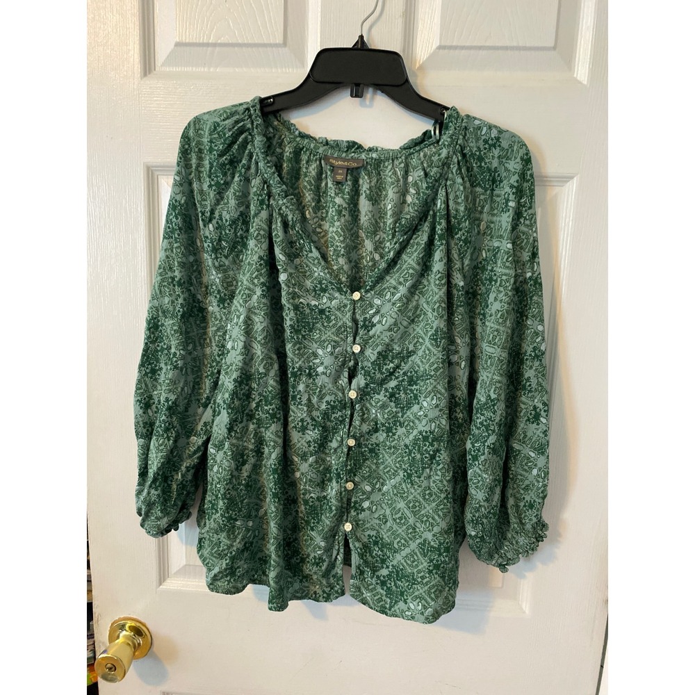 Style & Co Green Geometric Print Metallic Blouse Plus Size 2X Button Front Top